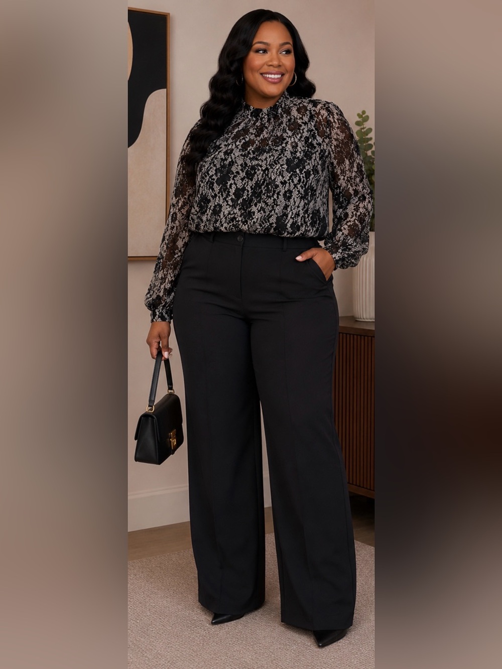 Plus Size-Who What Wear Sheer Black & Grey Lace-Print Mock Neck Blouse